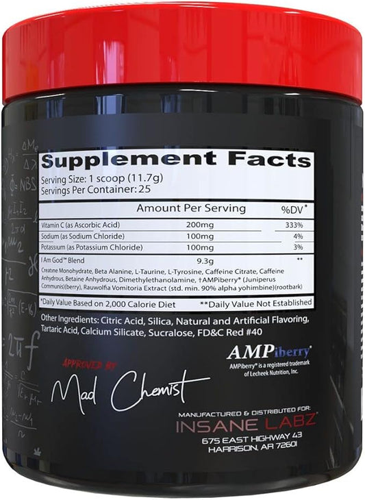 Insane Labz I am God Pre Workout, High Stim Pre Workout Powder Loaded with Creatine and DMAE Bitartrate Fueled by AMPiberry, Energy Focus Endurance Muscle Growth,25 Srvgs, Fruit Punch