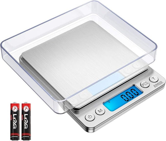 (Upgraded) AMIR Digital Kitchen Scale, 500g Mini Pocket Jewelry Scale, Food Scale, Coffee Scale, Back-Lit LCD Display, 2 Trays, 6 Units, Auto Off, Tare, PCS, Stainless Steel (Batteries Included)