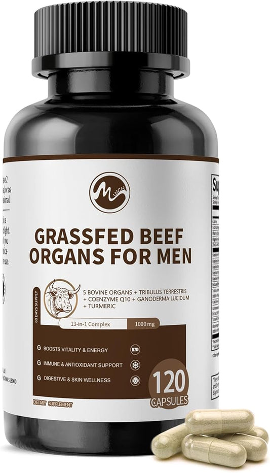 Beef Organs Supplement for Men, Beef Liver, Kidney, Heart, Pancreas, Tribulus Terrestris, CoQ10, Ganoderma for Men's Vitali*ty, Energ*y, Immune, Ant*i-oxidant Support, Non-GMO, Gluten-Free, 120 Count