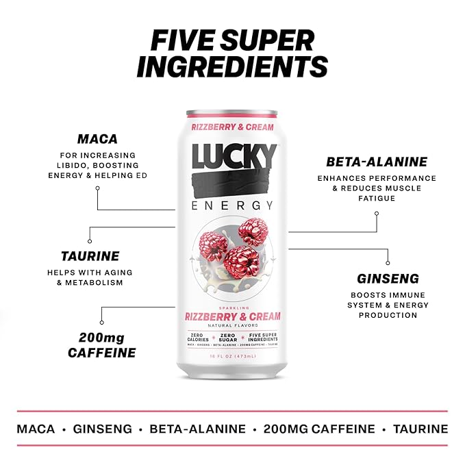 Lucky Energy Sugar Free Energy Drinks 16 Fl Oz Cans (12-Pack) Rizzberry and Cream with Maca, Ginseng, Taurine, Beta-Alanine, 200mg Caffeine