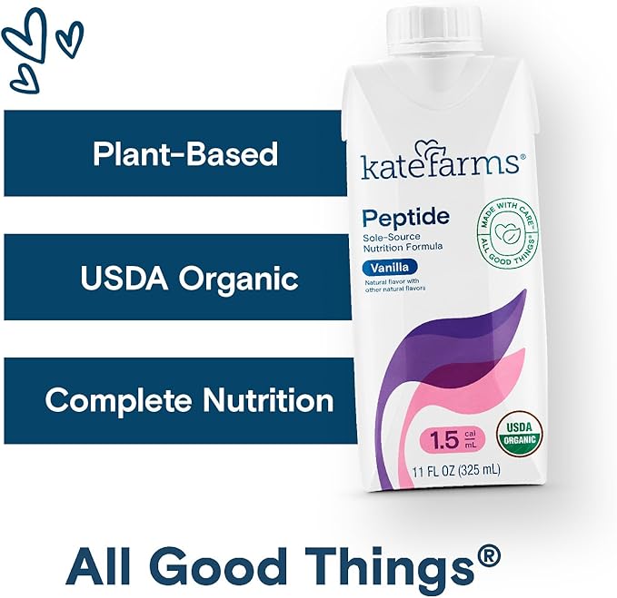 KATE FARMS Organic Adult Peptide 1.5 Formula, Vanilla, Sole-Source, Hydrolyzed Plant-Based Nutrition for Oral or Tube Feeding, 11 Fl oz (12 Pack)