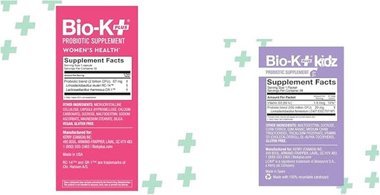 Bio K+ Women's Health Probiotic Bundle – Vaginal & Urinary Tract Support 2B CFU + Daily Probiotic for Kids with Limosilactobacillus fermentum LC40®, Vitamin D3, 28 Packets, Non-GMO, Gluten-Free