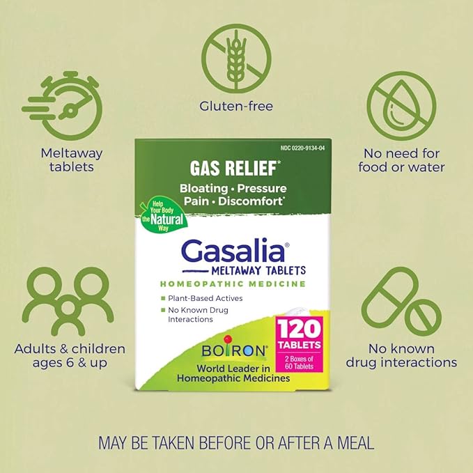 Boiron Gasalia Tablets for Relief from Gas Pressure, Abdominal Pain, Bloating, and Discomfort - 120 Count (2 Pack 60)
