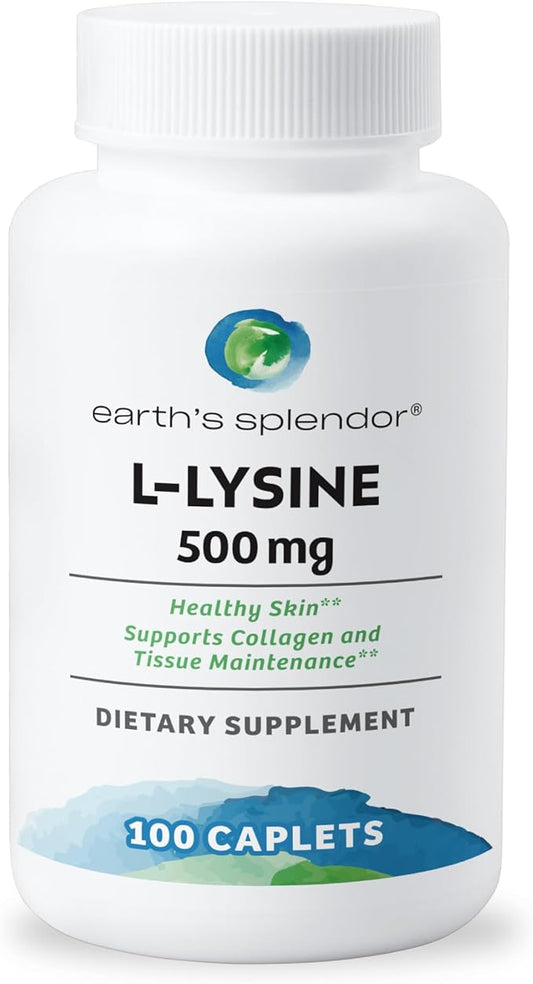 Earth's Splendor L-Lysine 500 mg Supplement for Men & Women, Supports Collagen & Tissue Maintenance (500 mg, 100 Caplets)