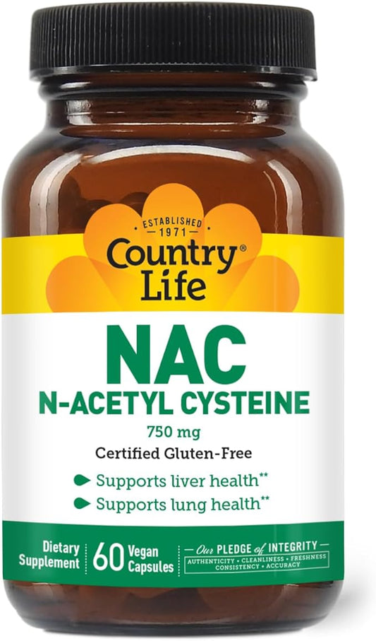 Country Life N-Acetyl Cysteine (NAC) 750 mg – Premium Liver Support and Lung Health Supplement – Powerful Antioxidant Protection, Liver Detox & Cleanse, Immune Support, 60 Vegetarian Capsules