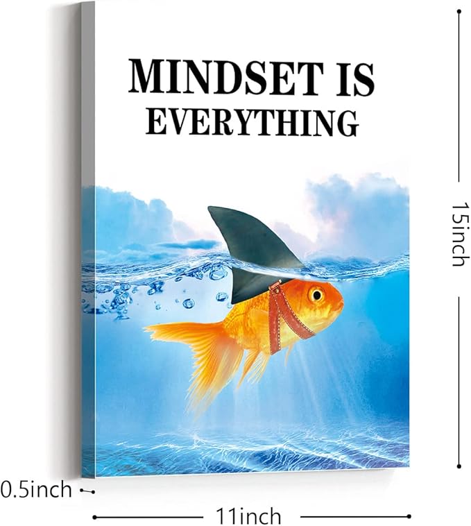 Mindset Is Everything Canvas Wall Art,Motivational Quote Wall Decor,Goldfish Shark Canvas Framed Decor Ready to Hang for Home Office Bedroom