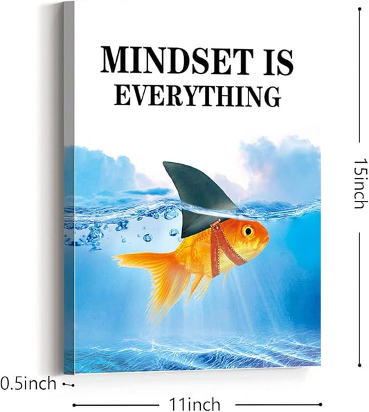 Mindset Is Everything Canvas Wall Art,Motivational Quote Wall Decor,Goldfish Shark Canvas Framed Decor Ready to Hang for Home Office Bedroom
