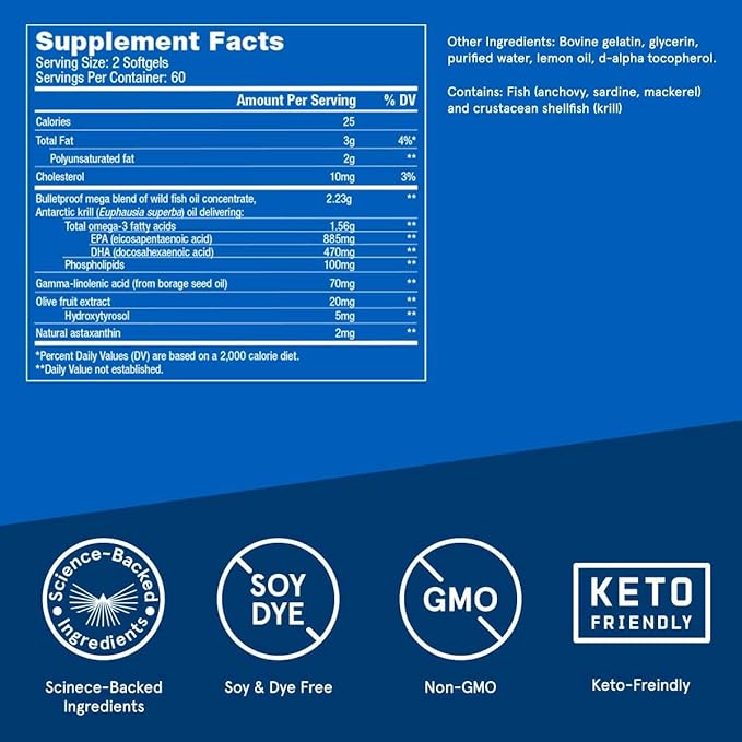 Bulletproof Lemon-Flavored Omega Krill Complex Softgels, 120 Count, Fish Oil Supplement for Brain and Heart Health