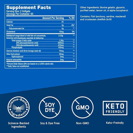 Bulletproof Lemon-Flavored Omega Krill Complex Softgels, 120 Count, Fish Oil Supplement for Brain and Heart Health