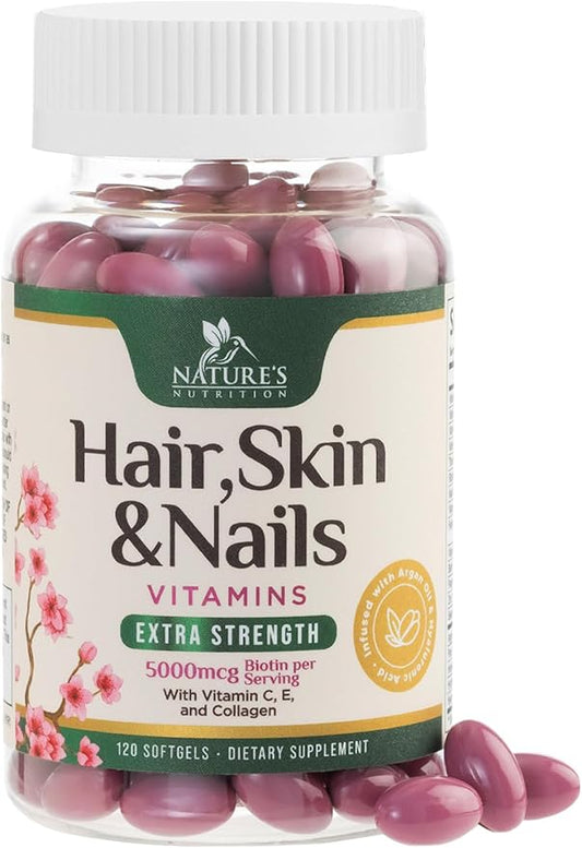 Hair Vitamins Biotin 5000 mcg Collagen for Hair Skin and Nails Vitamin Nature's, Supports Supplement Fast Fuller Thicker Healthy Growth Support, with Hyaluronic Acid Women & Men, Non-GMO, 120 Softgels