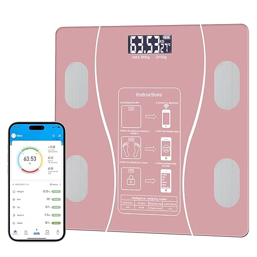 Intelligent Body Fat Scale, a Simple and Practical Digital Scale That can be Connected to a Mobile Digital Bathroom Scale to Display BMI, Body Fat, Muscle Mass, and Durable Weight Scale (Pink)