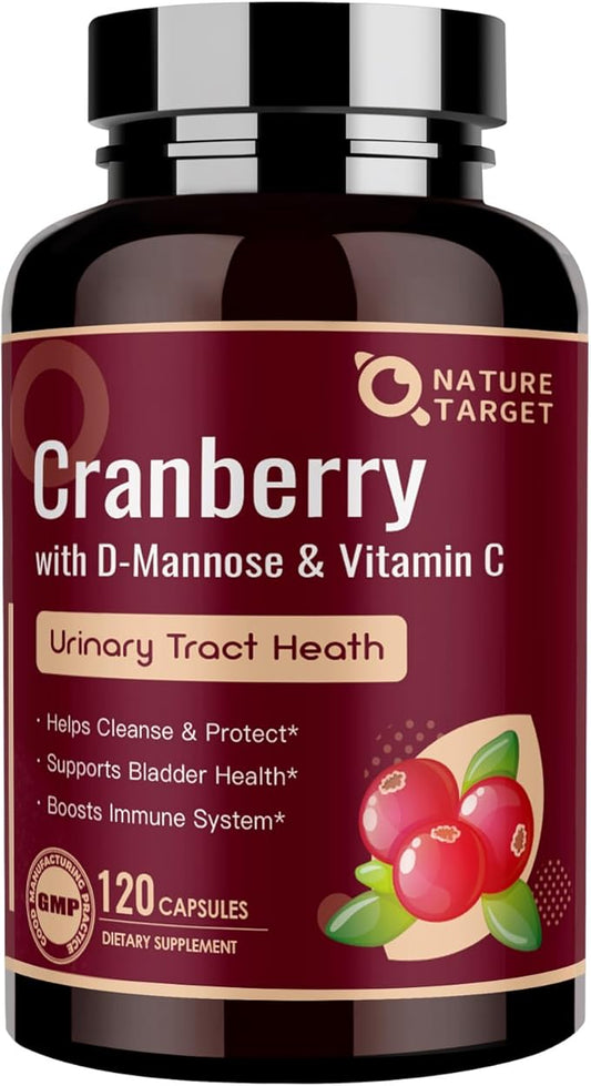 NATURE TARGET Cranberry Pills with D-Mannose for Women - Super Strength 80:1 Extract - Cranberry Supplement 16800 mg with Vitamin C, Supports Urinary Tract Health, Bladder Control, 120 Veggie Capsules