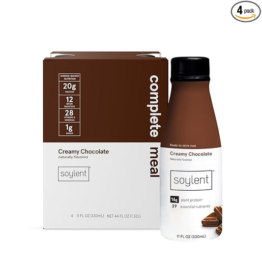 Soylent Creamy Chocolate Meal Replacement Shake, Contains 16g Complete Vegan Protein, Ready-to-Drink, 11oz, 4 Pack