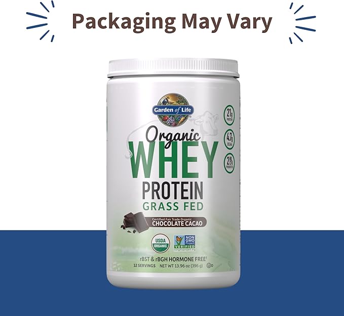 Garden of Life Whey Protein Powder Chocolate Cacao Flavor - 21g Certified Organic Grass Fed Protein for Women & Men + Probiotics - 12 Servings - Gluten Free, Kosher, RBST & rBGH Hormone Free
