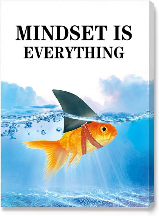 Mindset Is Everything Canvas Wall Art,Motivational Quote Wall Decor,Goldfish Shark Canvas Framed Decor Ready to Hang for Home Office Bedroom