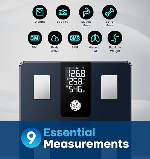 GE Smart Scale for Body Weight and Fat Percentage with All-in-one LCD Display, Digital Bathroom Weight Scales Bluetooth Body Composition Analyzer with App, Accurate Weighing, 400 lbs / 180 kg