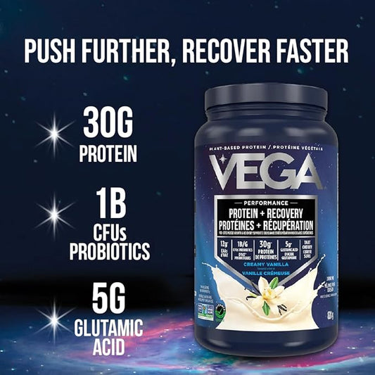 Vega Sport Vegan Protein Powder + Recovery - 30g Plant Based Protein per Serving, Berry, 19 Servings, 5g BCAAs, Probiotics, NSF Certified, For Shakes & Smoothies, 1.8lbs (Packaging May Vary)