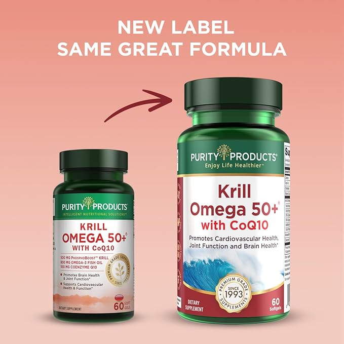 Krill Omega 50 Plus w/ CoQ10 from Purity Products - 1300mg Krill Oil and Fish Oil Blend - 100mg CoQ10 - 500mg Natural Astaxanthin - Support for Joint, Brain Health and more - 60 Mini Softgels
