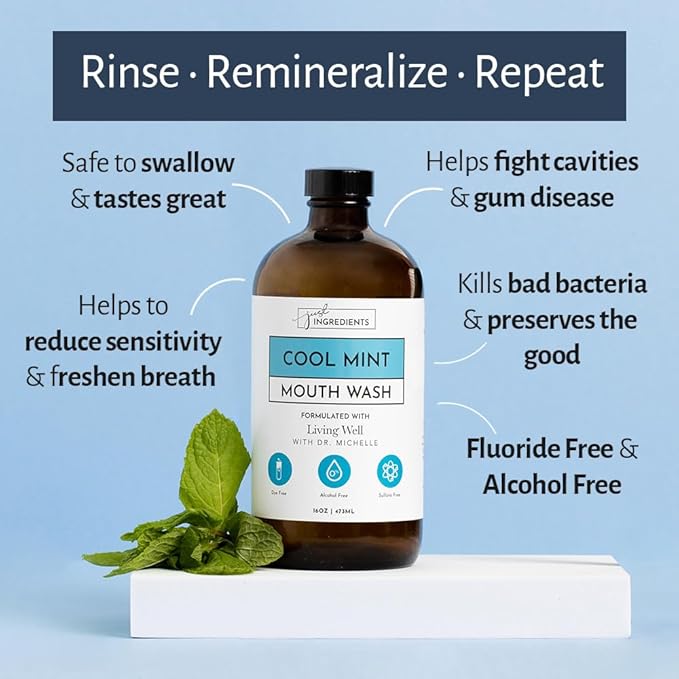JUST INGREDIENTS Cool Mint Remineralizing Mouthwash | Hydroxyapatite & Colloidal Silver Formula | Alcohol-Free | Fluoride-Free Mouth Rinse