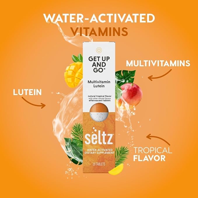 Seltz® Water-Activated Vitamins - Get Up and Go with Multivitamin and Lutein – Natural Tropical Flavor Dietary Supplement - 6 Packs x 20 Effervescent Tablets Each