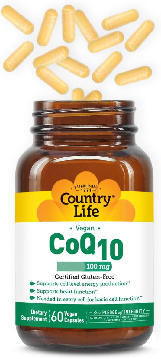 Country Life Simply CoQ10 100mg – Supports Heart Function & Cellular Energy, Vegan Softgels, Certified Gluten-Free, Non-GMO Supplement, 60 ct – Cardiovascular Health Support