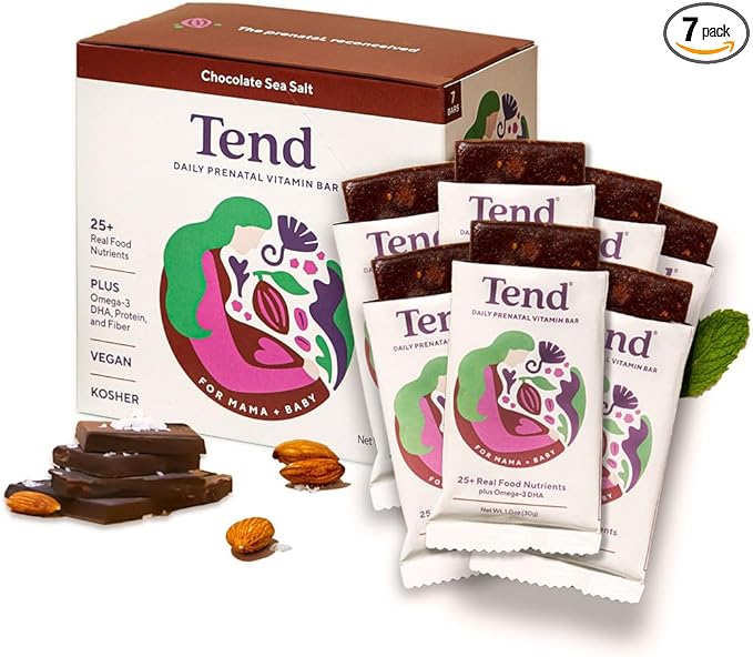 Tend Daily Best Prenatal Vitamin Bar, Made with Organic Ingredients for Pregnant & Postpartum Mothers, Includes DHA, Vitamin D, B, Choline, Folate - Chocolate Sea Salt (7ct)