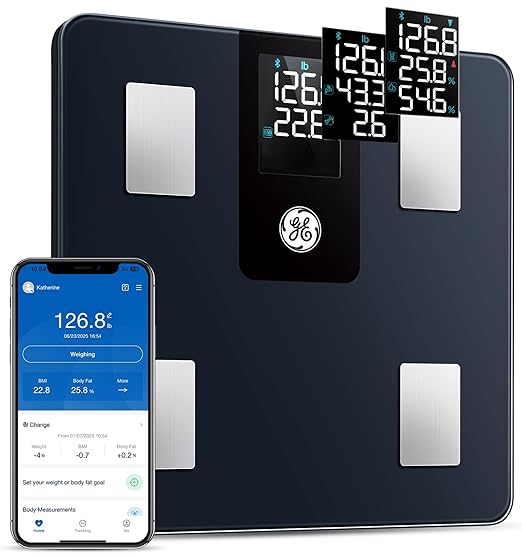 GE Smart Scale for Body Weight and Fat Percentage with All-in-one LCD Display, Digital Bathroom Weight Scales Bluetooth Body Composition Analyzer with App, Accurate Weighing, 400 lbs / 180 kg