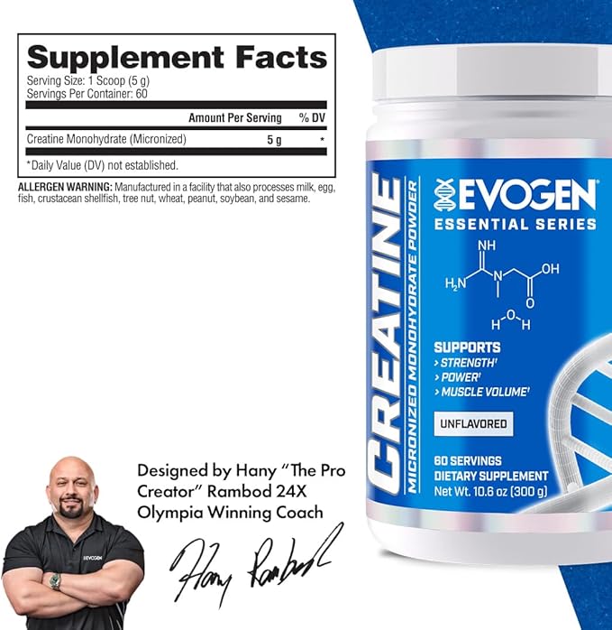 Evogen Creatine Monohydrate Powder - Micronized Creatine for Women & Men | Pure Creatine Powder Supplement for Strength, Power & Recovery | Unflavored | 60 Servings