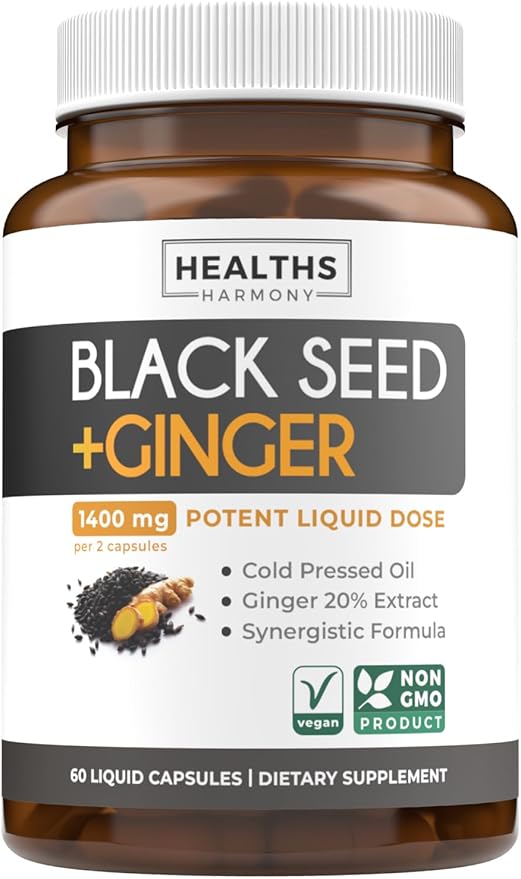 Cold-Pressed Black Seed Oil Capsules - Vegan Non-GMO Nigella Sativa Black Seed Oil Supplement with Ginger Extract for Wellness & Digestive Health Support - Gingerol & Thymoquinone-Rich (1 Month)