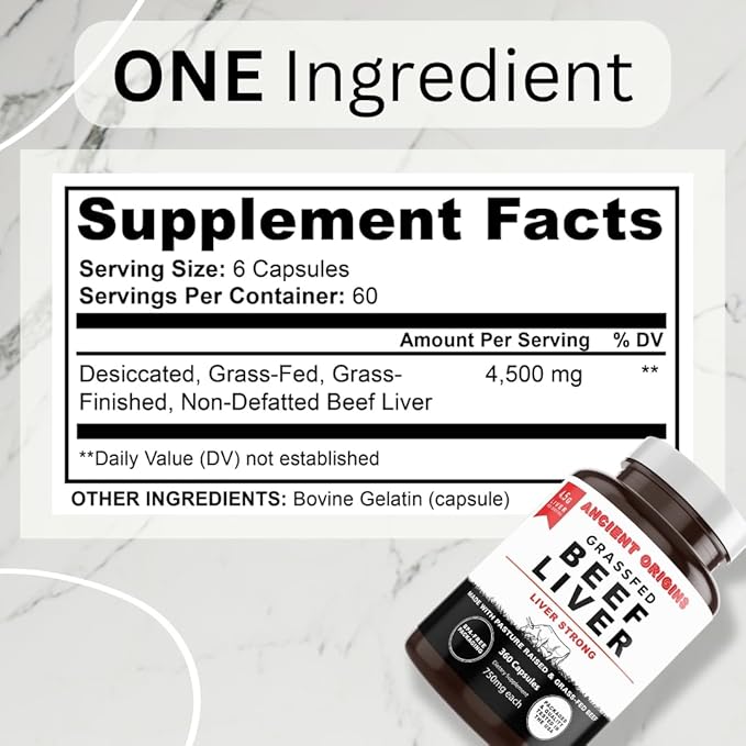 Ancient Origins Grass Fed Beef Liver Two Month Supply, Supports Energy Production, Cleansing, Digestion, Immunity and Full Body Wellness, Non GMO, Freeze Dried Liver Supplement, 360 Capsules