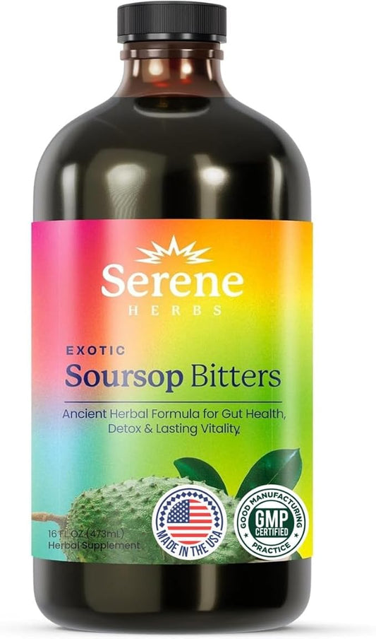 Soursop Bitters Liquid – Organic Herbal Detox with Black Seed, Moringa & Ginger by Serene Herbs – Supports Digestive Wellness & Immune Function – 16 fl oz