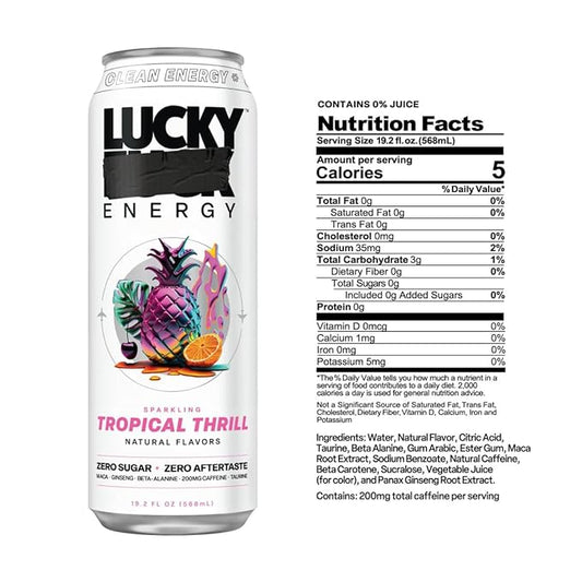 Lucky Energy Sugar Free Energy Drinks 19.2 Fl Oz Cans (Pack of 12) Healthy Energy Drink. Tropical Thrill with Maca, Ginseng, Taurine, Beta-Alanine, 200mg Caffeine (Packaging May Vary)