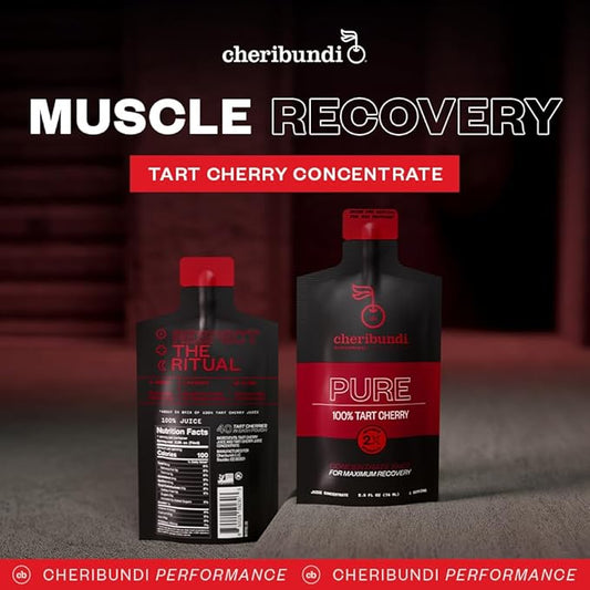 Cheribundi | 100% Tart Cherry Juice Pure Concentrate Grab & Go | 2.5 Fluid Ounce Pouch for Maximum Recovery with 40 Tart Cherries | 100 Calories, 0 Preservatives, Non-GMO | 2.5 floz (Pack of 12)