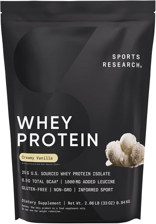 Sports Research Whey Protein Isolate - Sports Nutrition Protein Powder 25g per Serving - 2.1lb Bag Whey Protein - Vanilla Flavor - Bulk Protein Powder, 26 Servings