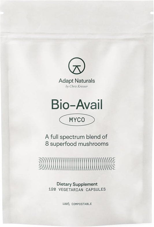 Adapt Naturals Bio-Avail Myco - 8-in-1 Bioavailable Mushroom Supplement Mushroom Complex - Chaga, Cordyceps, Reishi, Lions Mane - Blood Pressure, Memory, Immune - 120 Capsules