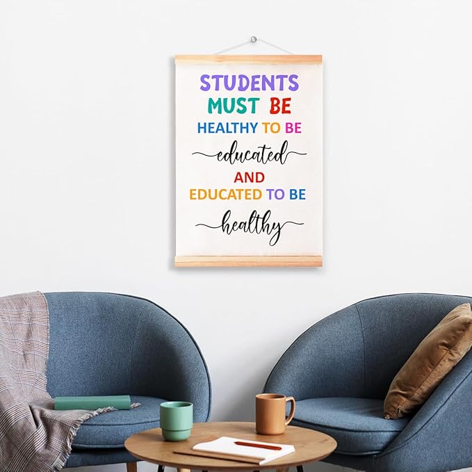 Students Must be Healthy to be Educated Poster Hanger Frame for Classroom Nursery School Wall Decor,School Nurse Office Decor Canvas Wall Art Poster Print Wall Hanging 16x12in