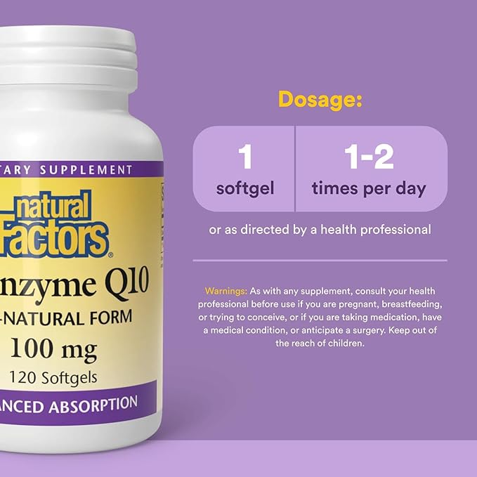 Natural Factors Coenzyme Q10 100 mg, Natural Coenzyme Q10 Supplement for Energy, Heart and Cognitive Support, 120 Softgels