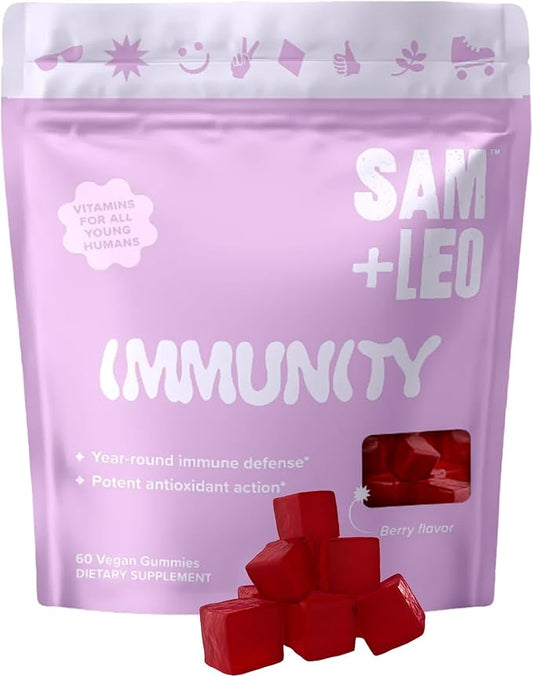 SAM+LEO Immunity Gummies for Kids & Teens - Elderberry, Echinacea + Vitamins C & D - Vegan Daily Immune Support - Berry Flavor - 60ct