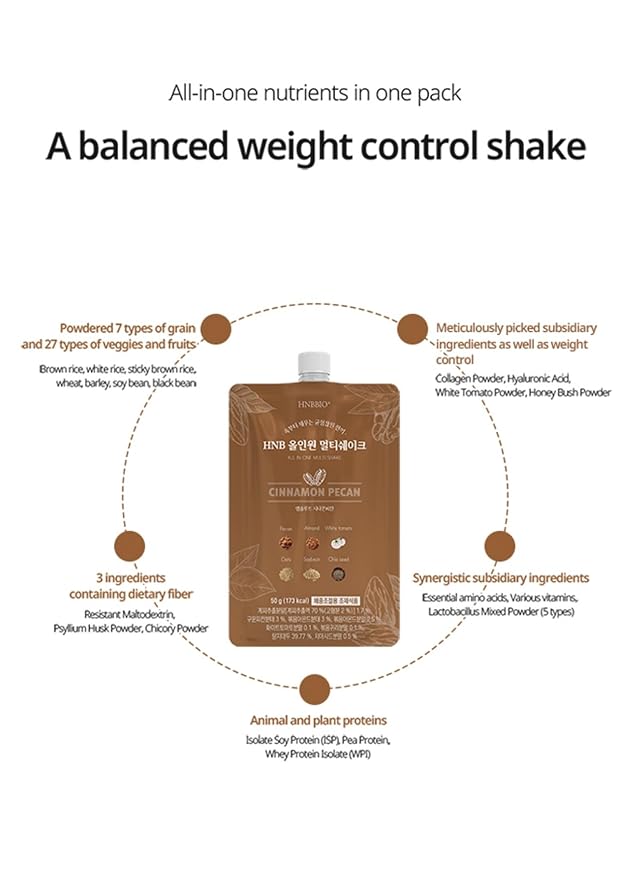 Korean Food All-In-One Multi Shake Cinnamon Pecan(50g*7 Packs) Dietary Fiber, Essential Amino Acids, Vitamins, 7-Day Convenient Individual Packs (12.35 oz)