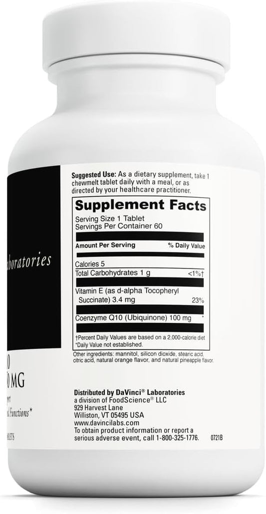 DAVINCI Labs Coenzyme Q10 Chewmelt 100mg - Supports Liver, Brain, Heart Health & More with Vitamin E & CoQ10* - 60 Chewable Tablets