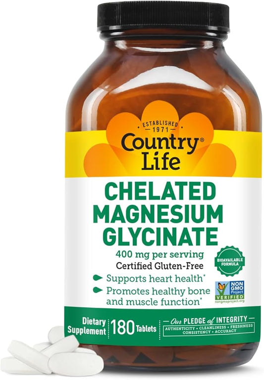 Country Life Chelated Magnesium Glycinate 400mg – High Absorption Magnesium Supplement for Muscle Relaxation, Energy, Bone & Immune Support – Gluten-Free, Vegan, Halal, Non-GMO Verified - 180 Tablets