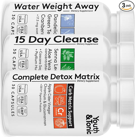 3pk Detox Cleanse Kick Off Weight Management | Colon Cleanser + Water Loss Pills w Dandelion + ACV Full Body Detox + Probiotics | for Flat Stomach, Waistline, Metabolism, Bloating – 90 Pills