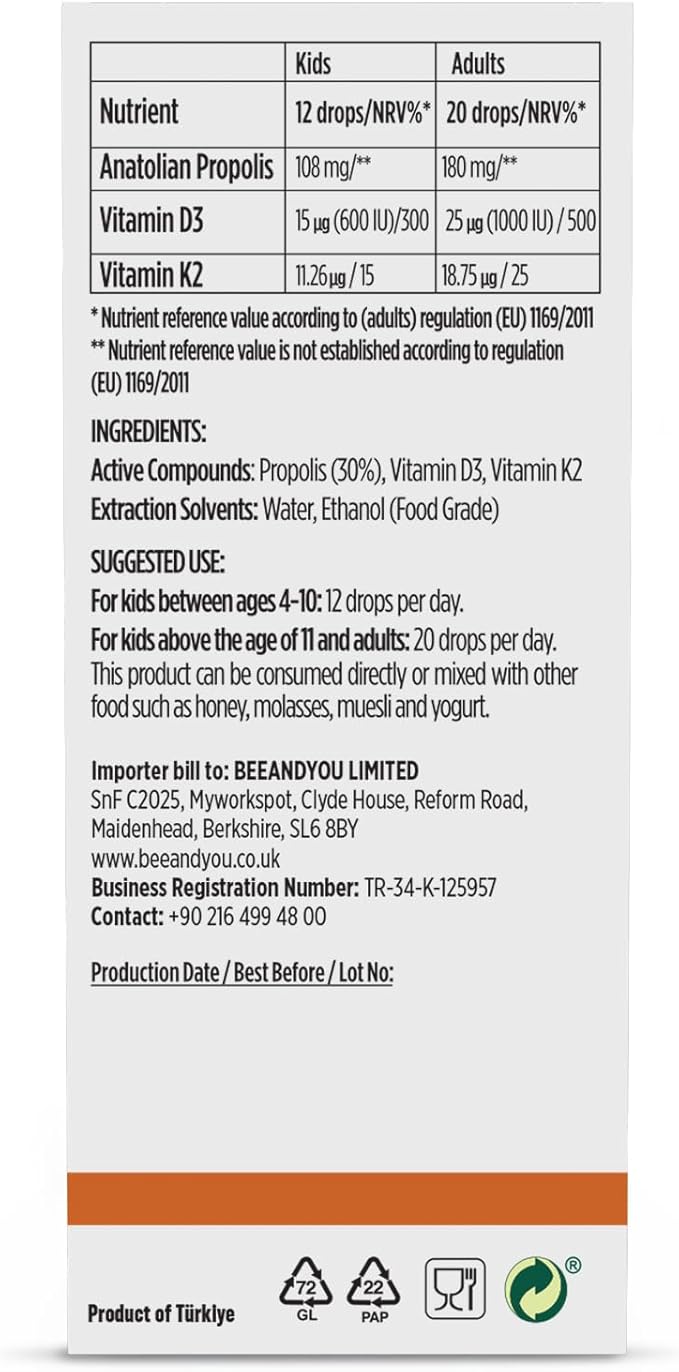 BEE and You 100% Natural Propolis Extract | Vitamin D3 K2 High Potency, Immune Support Supplement, Antioxidants, Natural Detox, Keto, Paleo, Gluten-Free | 1 Fl Oz