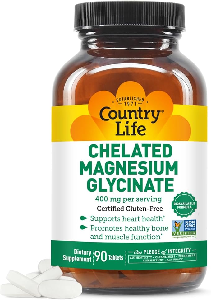 Country Life Chelated Magnesium Glycinate 400mg, 90 Tablets, Certified Gluten Free, Certified Vegan, Certified Halal, Non-GMO Verified
