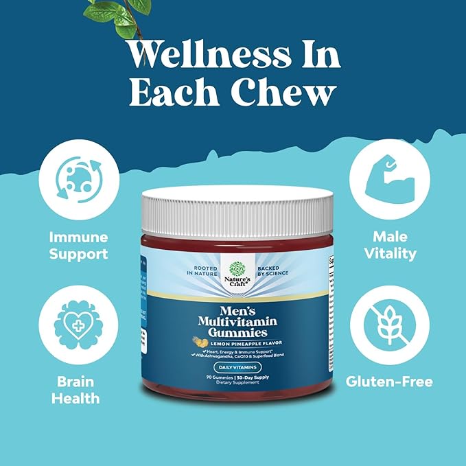 Men's Multivitamins Gummies with Superfood Complex - Daily Multivitamin for Men with CoQ10 and Ashwagandha for Energy and Immunity - Vegetarian Adult Multivitamin Gummies for Men (2 Month Supply)