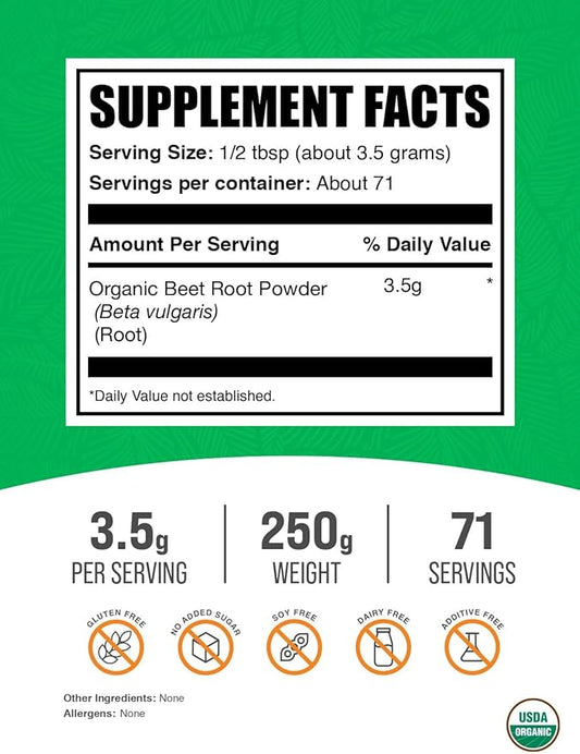 BulkSupplements.com Organic Beet Root Powder - Superfood Supplement, Beet Root Supplements - Vegan & Gluten Free, 3.5g per Serving, 250g (8.8 oz) (Pack of 1)