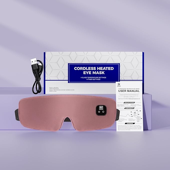 Aroma Season Silk Heated Eye Mask Cordless, 1500mAh Warm Eye Compress for Dry Eyes, Blepharitis, 4 Time Levels and 4 Temperature Settings, Washable (Mauve Pink)