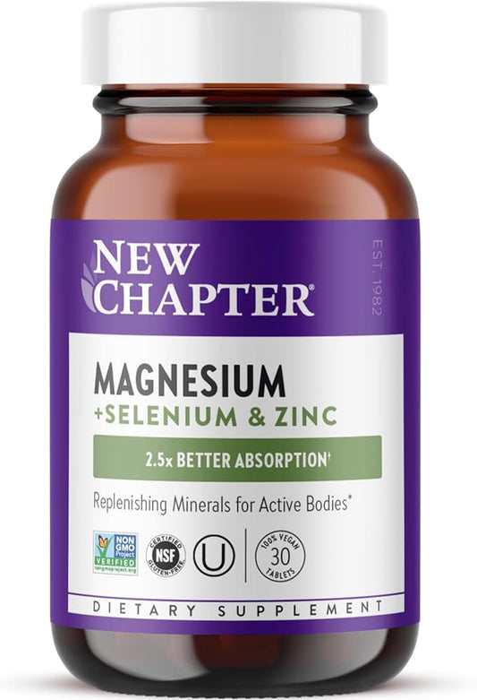 New Chapter Magnesium-Selenium-Zinc Supplement for Active Bodies, Bounce Back After Exercise with Muscle Support Minerals + Hydrating Electrolytes, 325 mg Magnesium in One-Daily Tablet, 30 Count