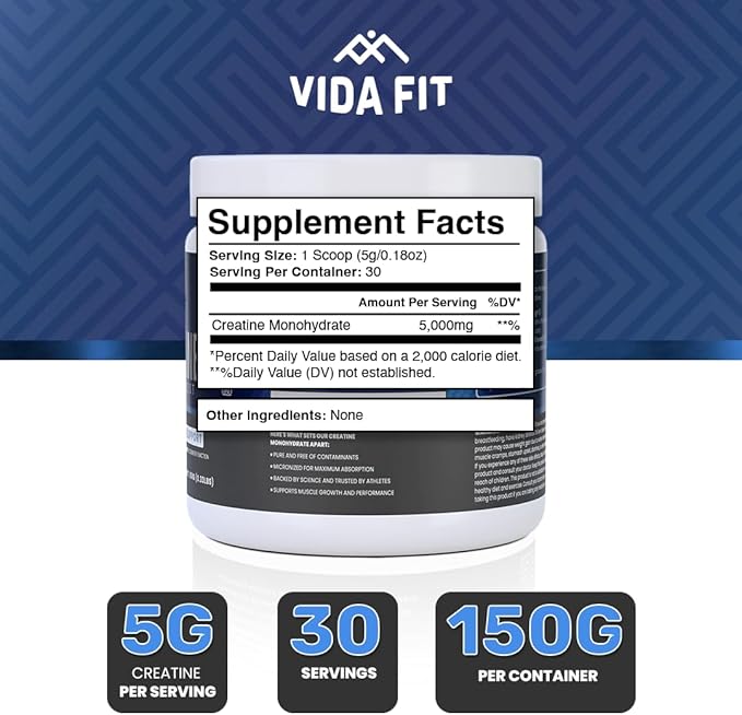 Micronized Creatine Monohydrate Powder, Vegan Creatine Powder Unflavoured, Supplements for Men, Pure Workout Essentials for Women, NSF Certified (150g) (5g Per Serv) (30 Servings) - Vida Fit