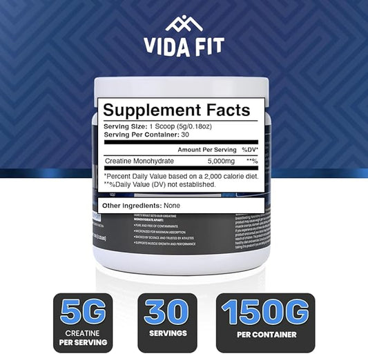 Micronized Creatine Monohydrate Powder, Vegan Creatine Powder Unflavoured, Supplements for Men, Pure Workout Essentials for Women, NSF Certified (150g) (5g Per Serv) (30 Servings) - Vida Fit